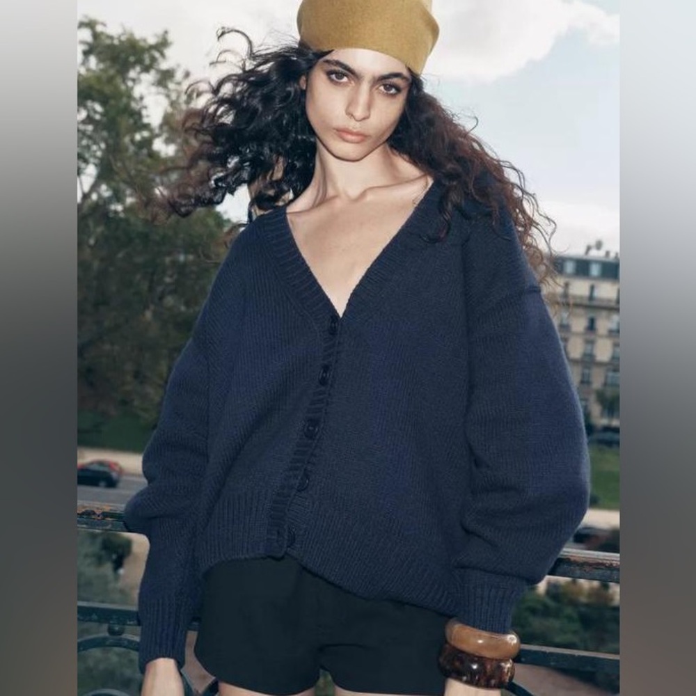 Zara Pleated Sleeve Knit Cardigan - Picture 2 of 15